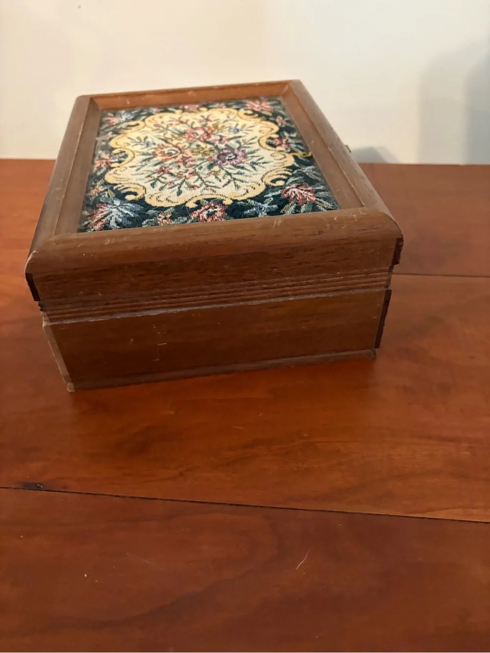 Wooden Jewelry Box Tapestry Lid Red Velvet Mirror Organizer Japan